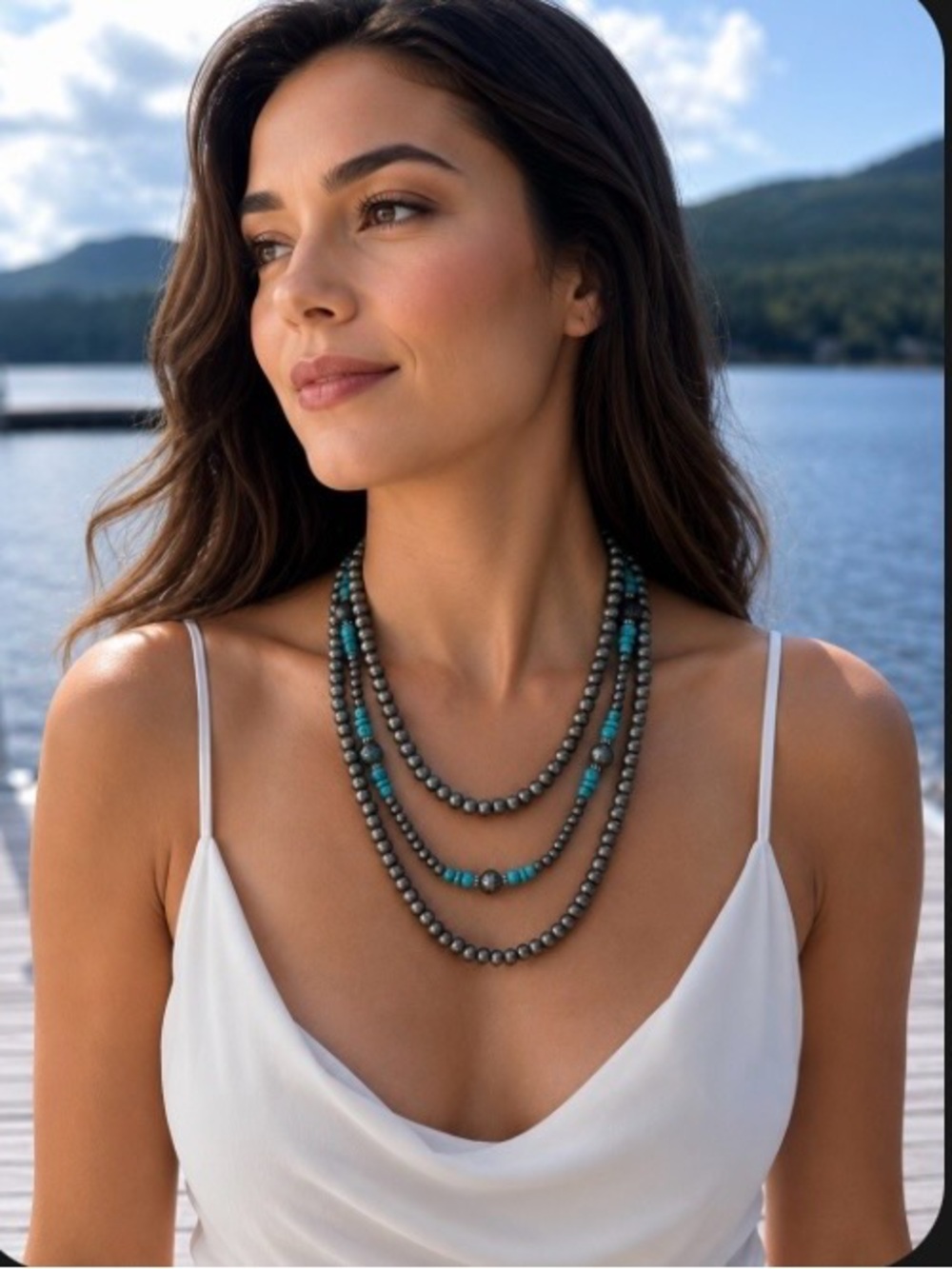 Western Multi-Strand Navajo Pearl Turquoise Stacked Statement Necklace